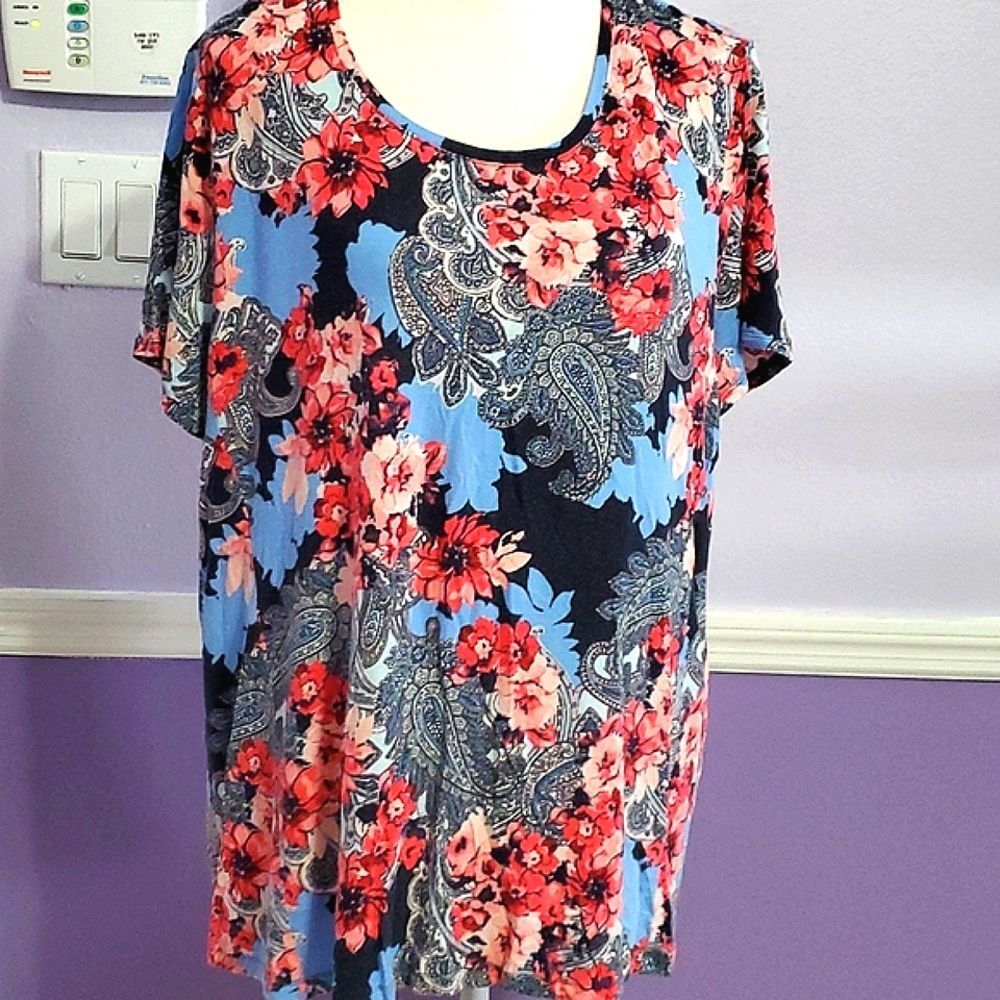 Est. 1946 Boho Blue Floral Paisley Short Sleeve Soft Comfy Knit Top XL